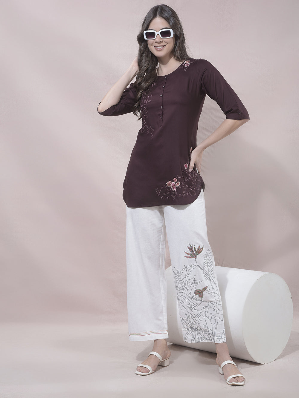Wine Floral Embroidered Top