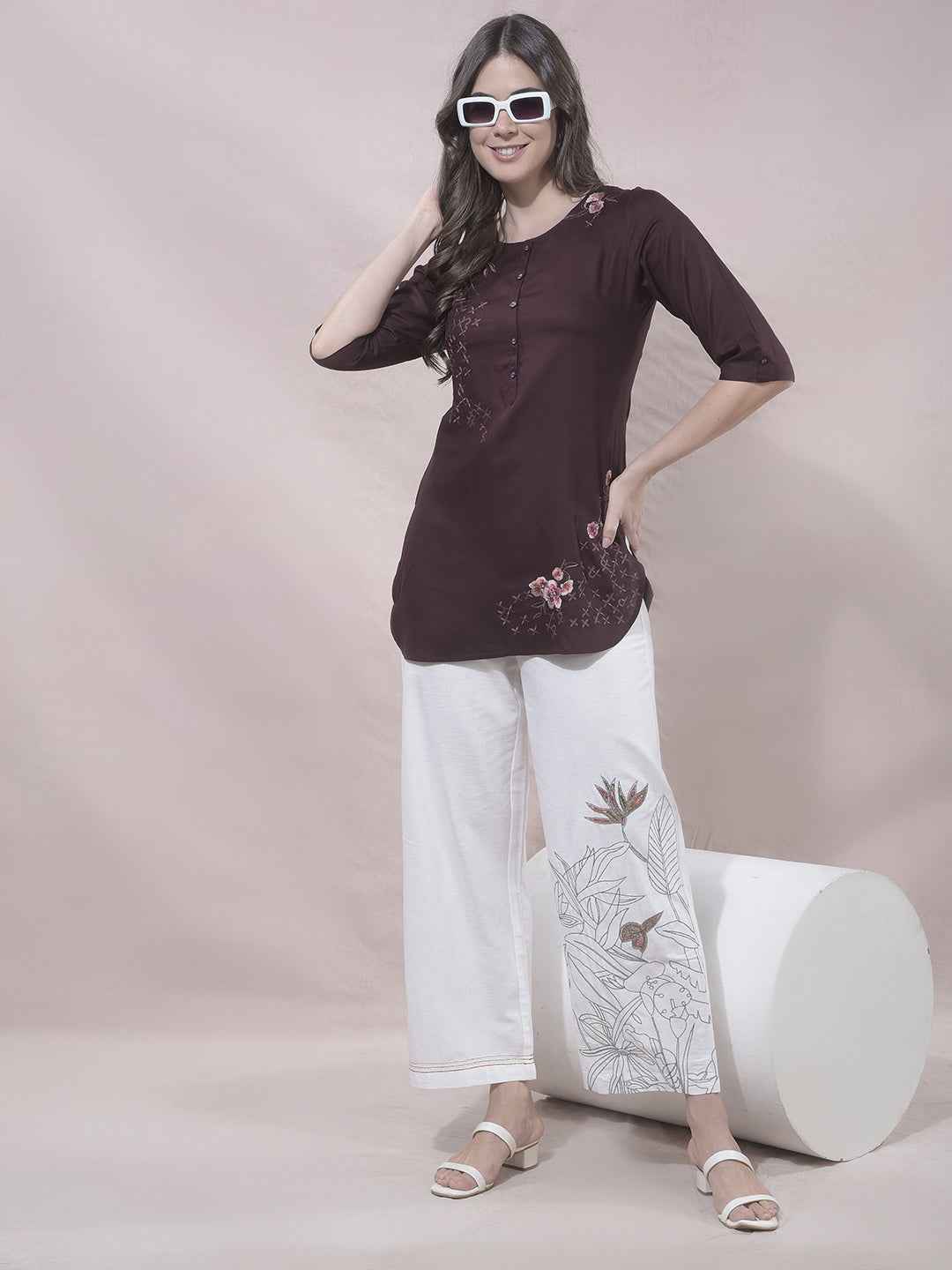 Wine Floral Embroidered Top