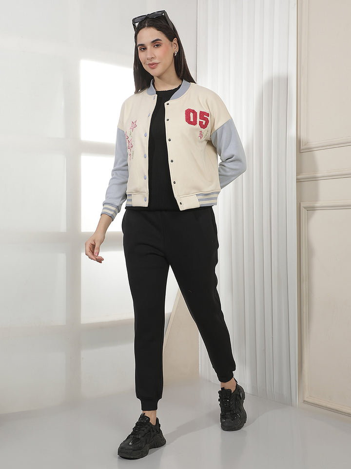 Cream Embellished Varsity Shacket