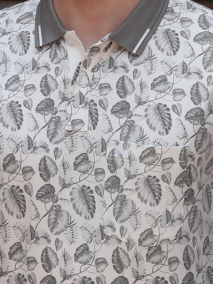 Grey Floral Print Polo Neck T-Shirt