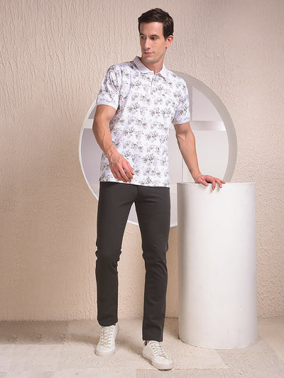 White Floral Print Polo Neck T-Shirt