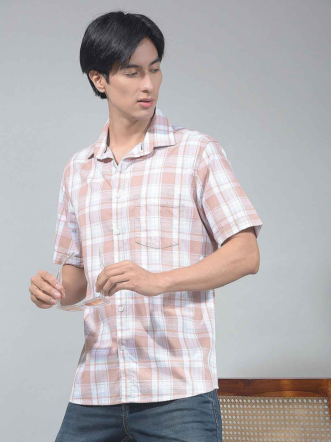 Peach Checked 100% Cotton Shirt