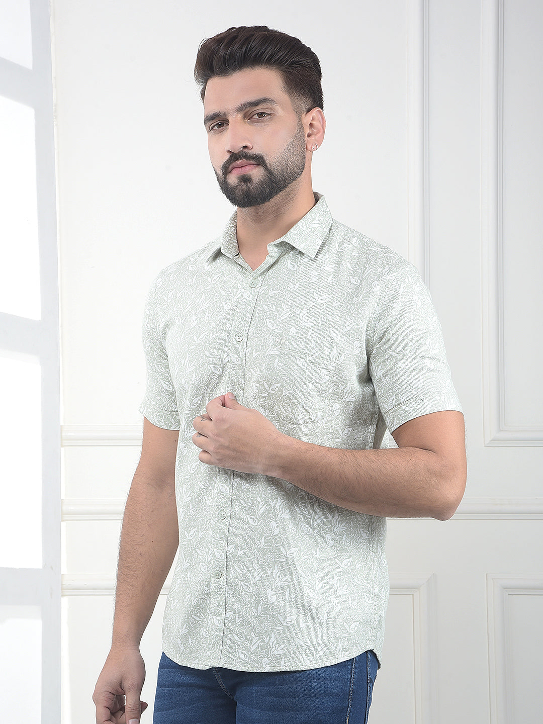 Green Floral Printed 100% Cotton Shirt