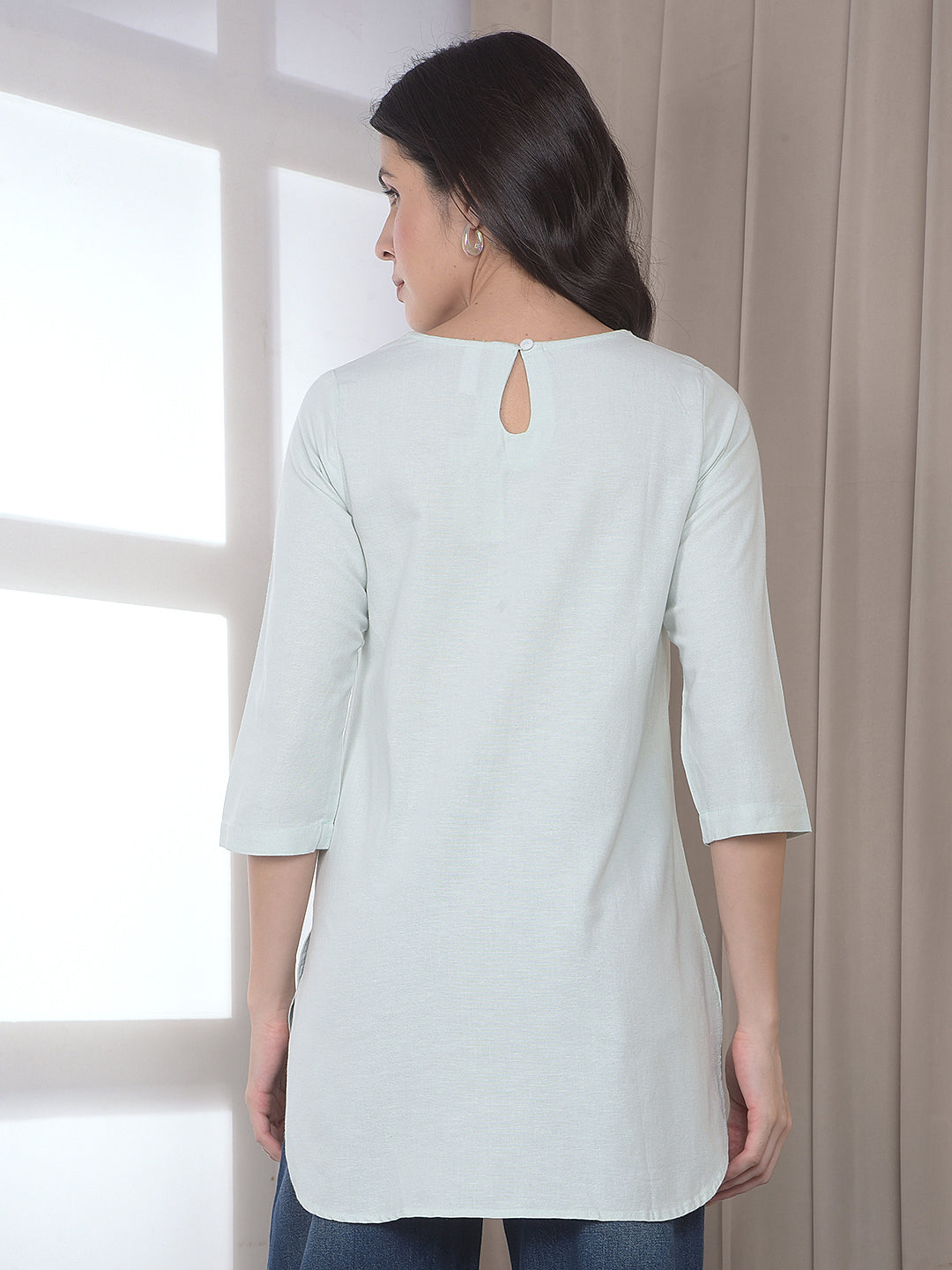 Green Embroidered Linen Longline Top