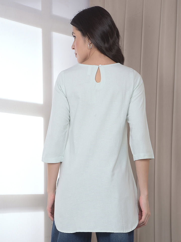 Green Embroidered Linen Longline Top