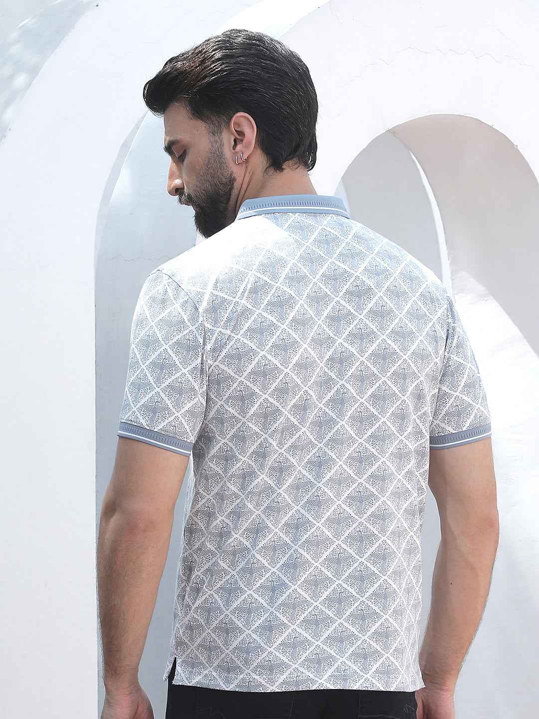 Blue Printed Polo Neck T-Shirt