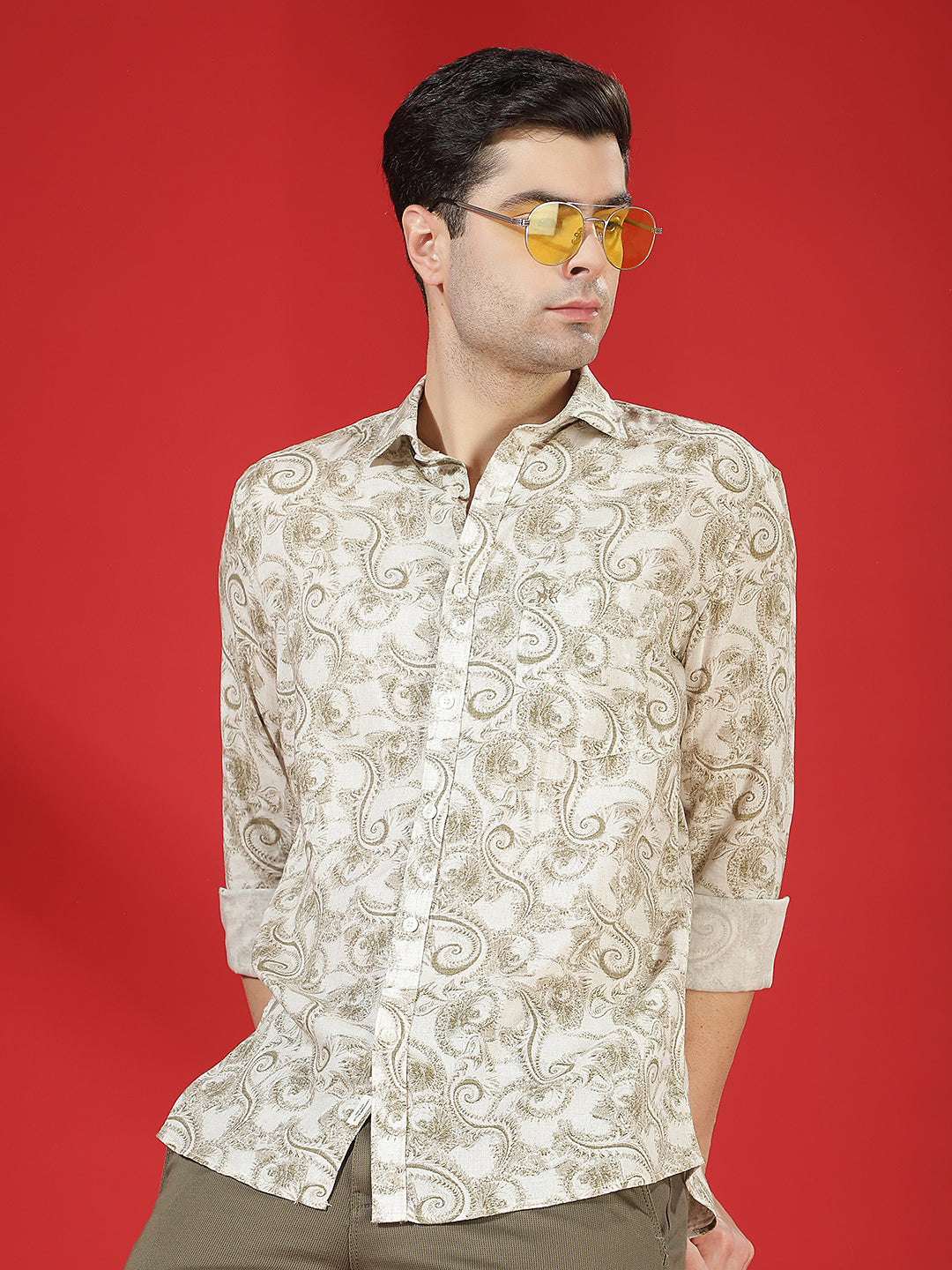 Olive Floral Print Linen Kurta