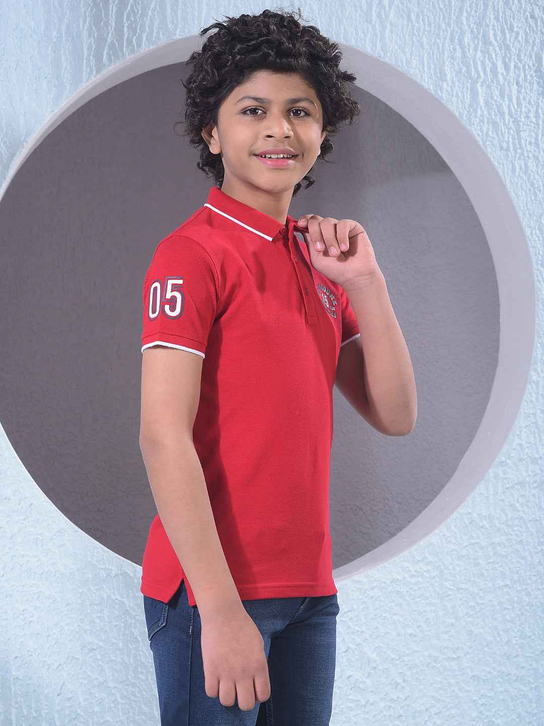 Red Typographic Print Polo Neck T-Shirt