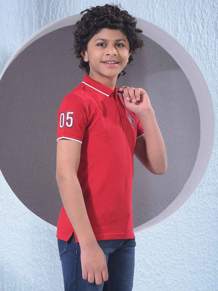 Red Typographic Print Polo Neck T-Shirt