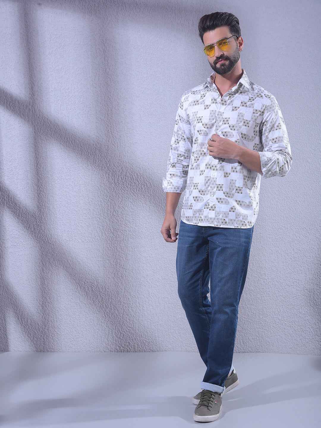 Olive Printed 100% Cotton Shirt