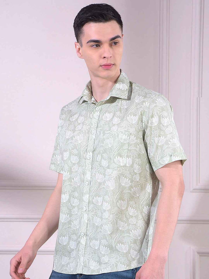 Green Linen Floral Print Shirt