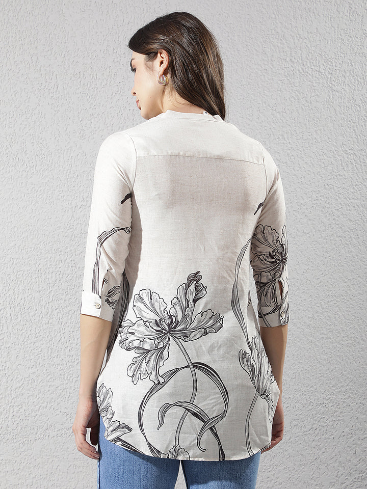 White Floral Print V-Neck Longline Top
