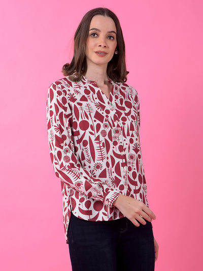 Maroon Printed V-Neck Shirt