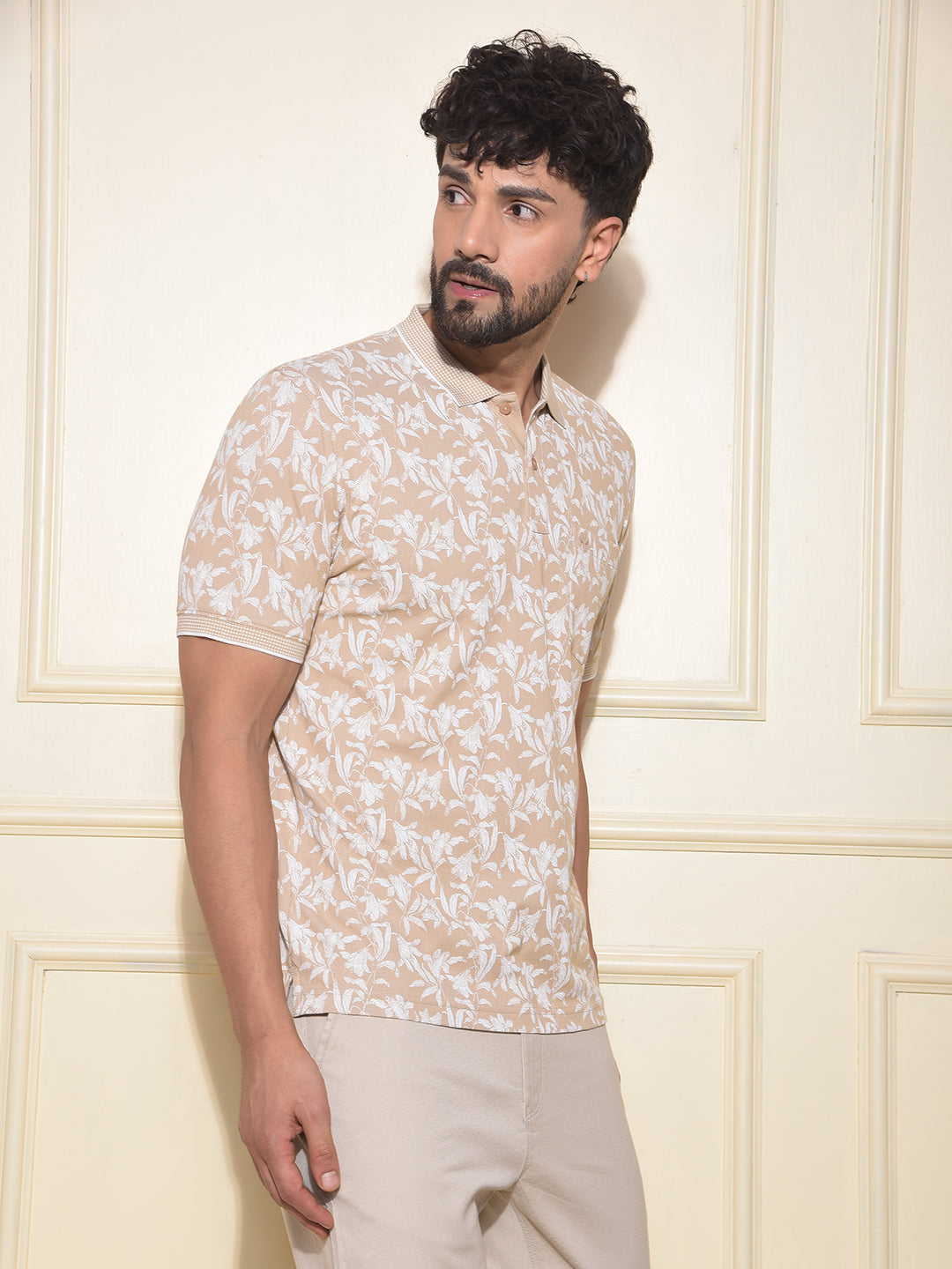 Beige Floral Print Polo-Neck T-Shirt