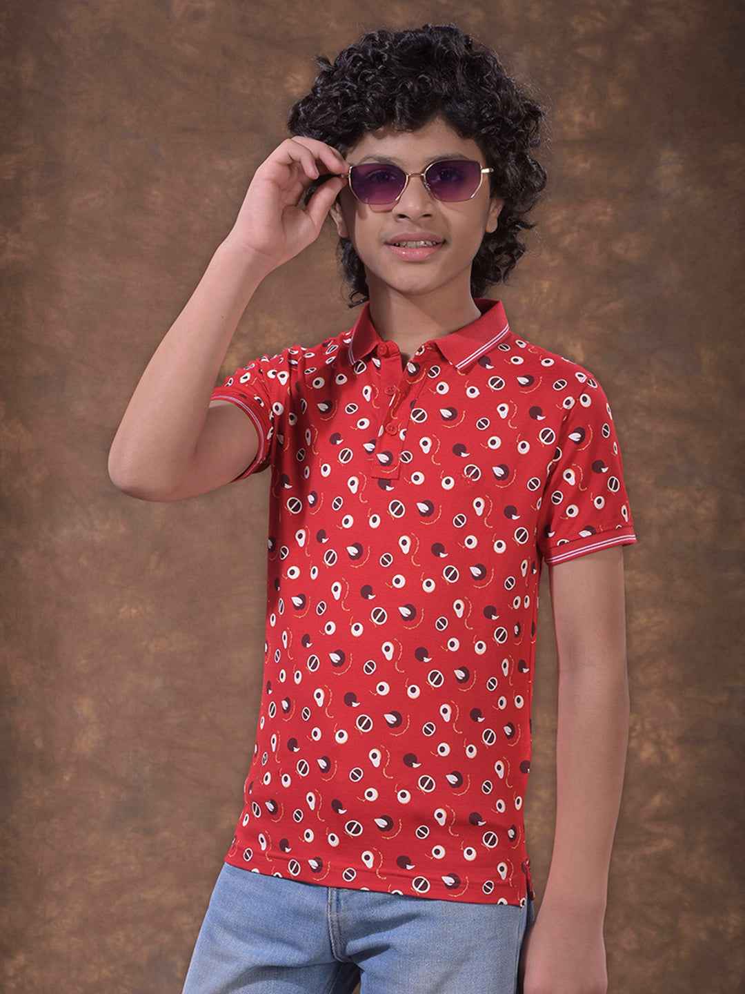Red Printed Polo Neck T-Shirt