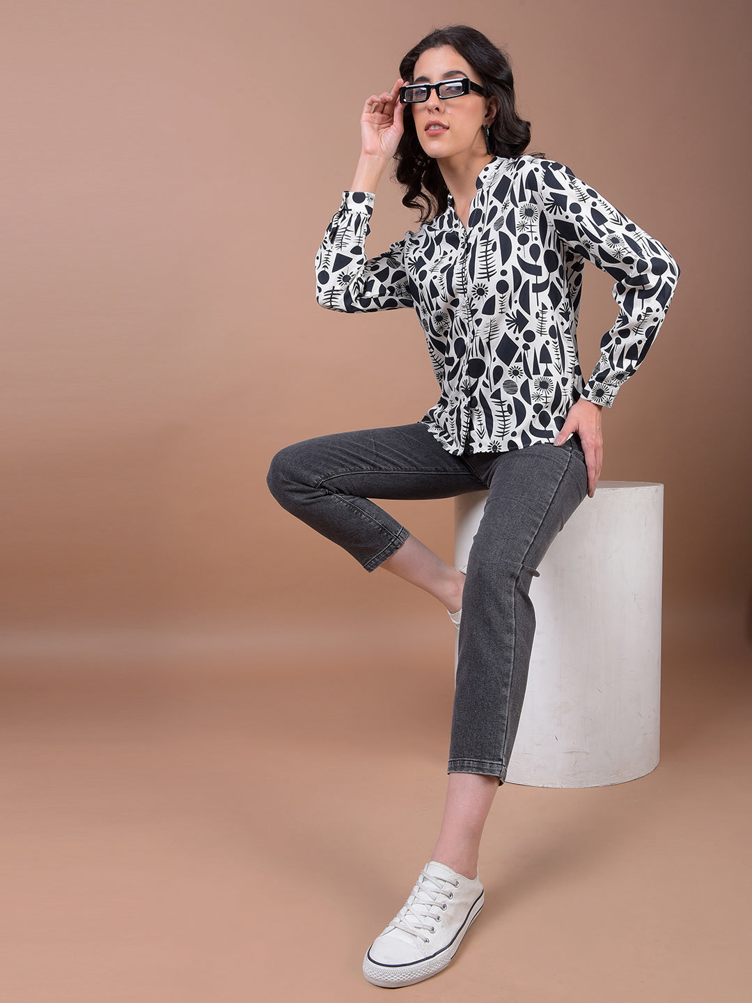 Black Printed V-Neck Shirt