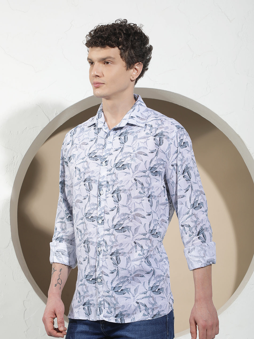 Blue Floral Print Linen Shirt