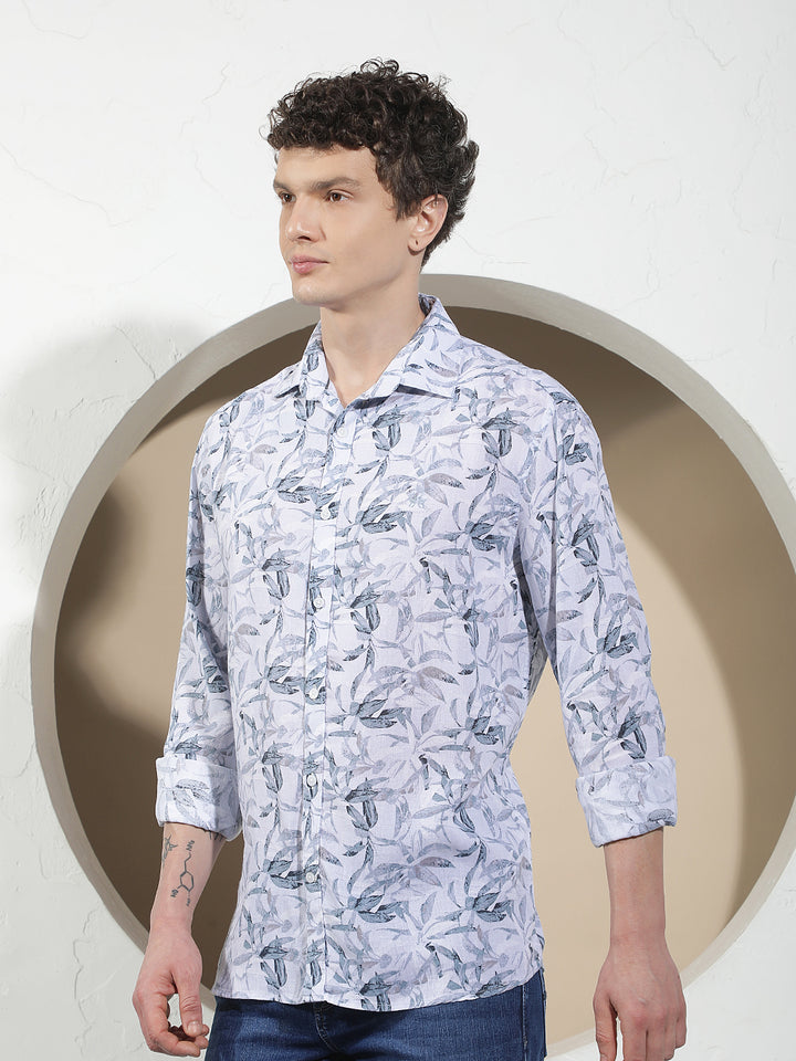 Blue Floral Print Linen Shirt