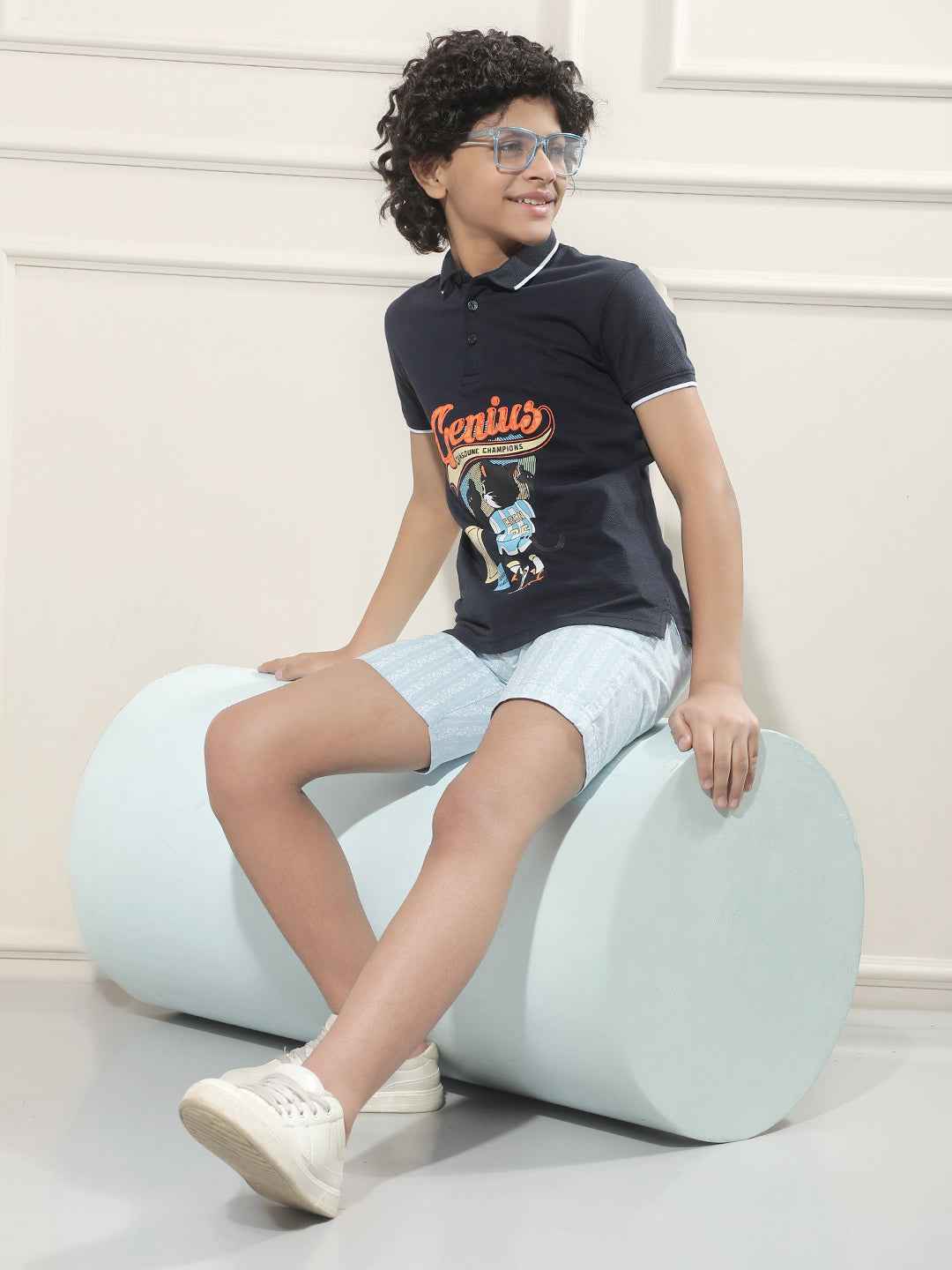 Navy Blue Graphic Print Polo Neck T-Shirt