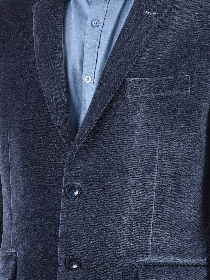 Blue Single-Breasted Velvet Blazer