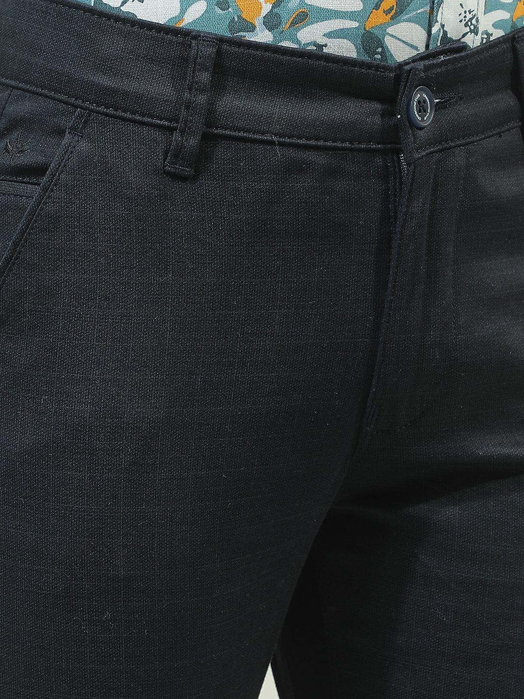 Navy Blue Cotton Checked Stretchable Trousers