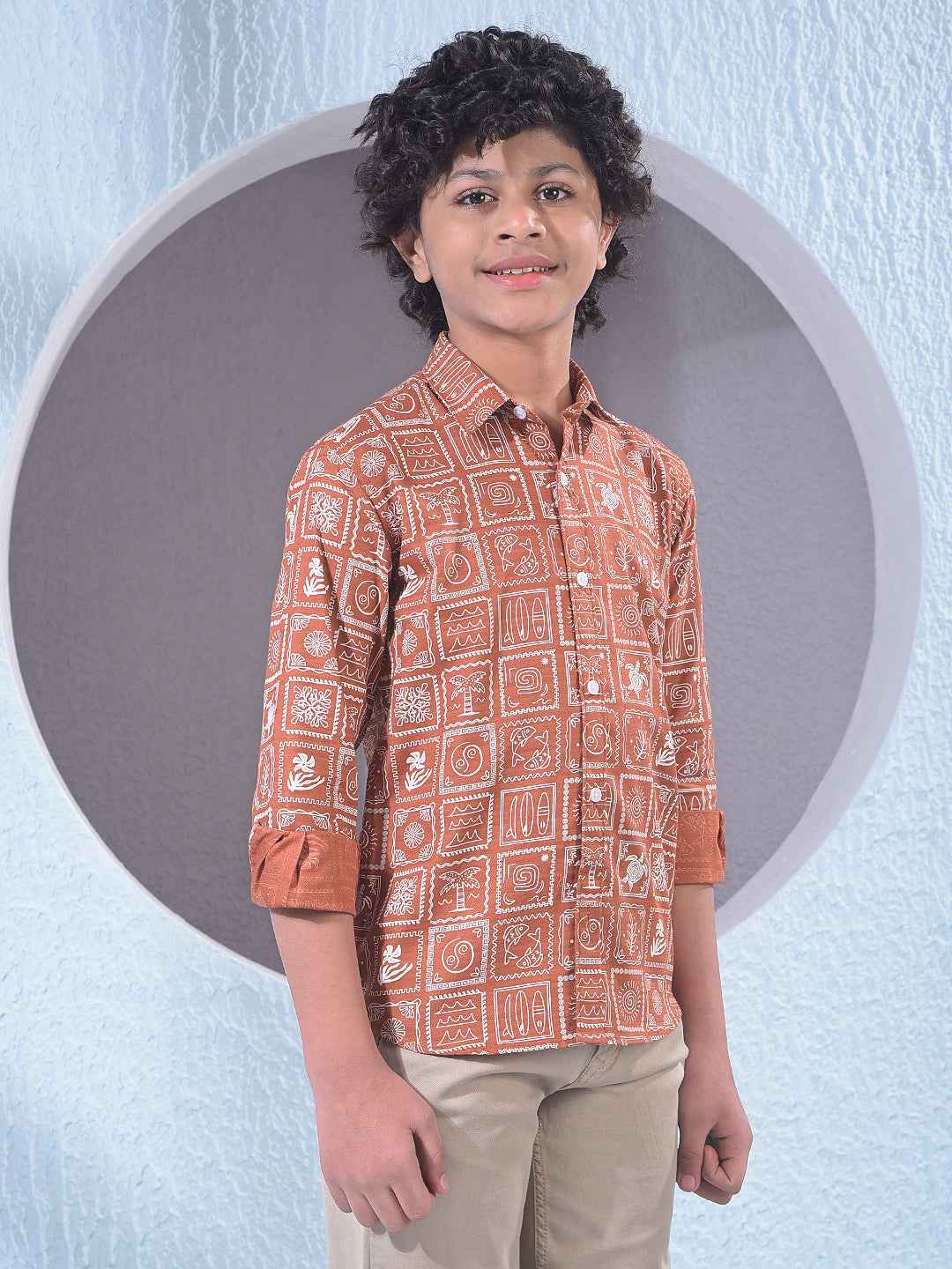 Brown Motif Print Shirt