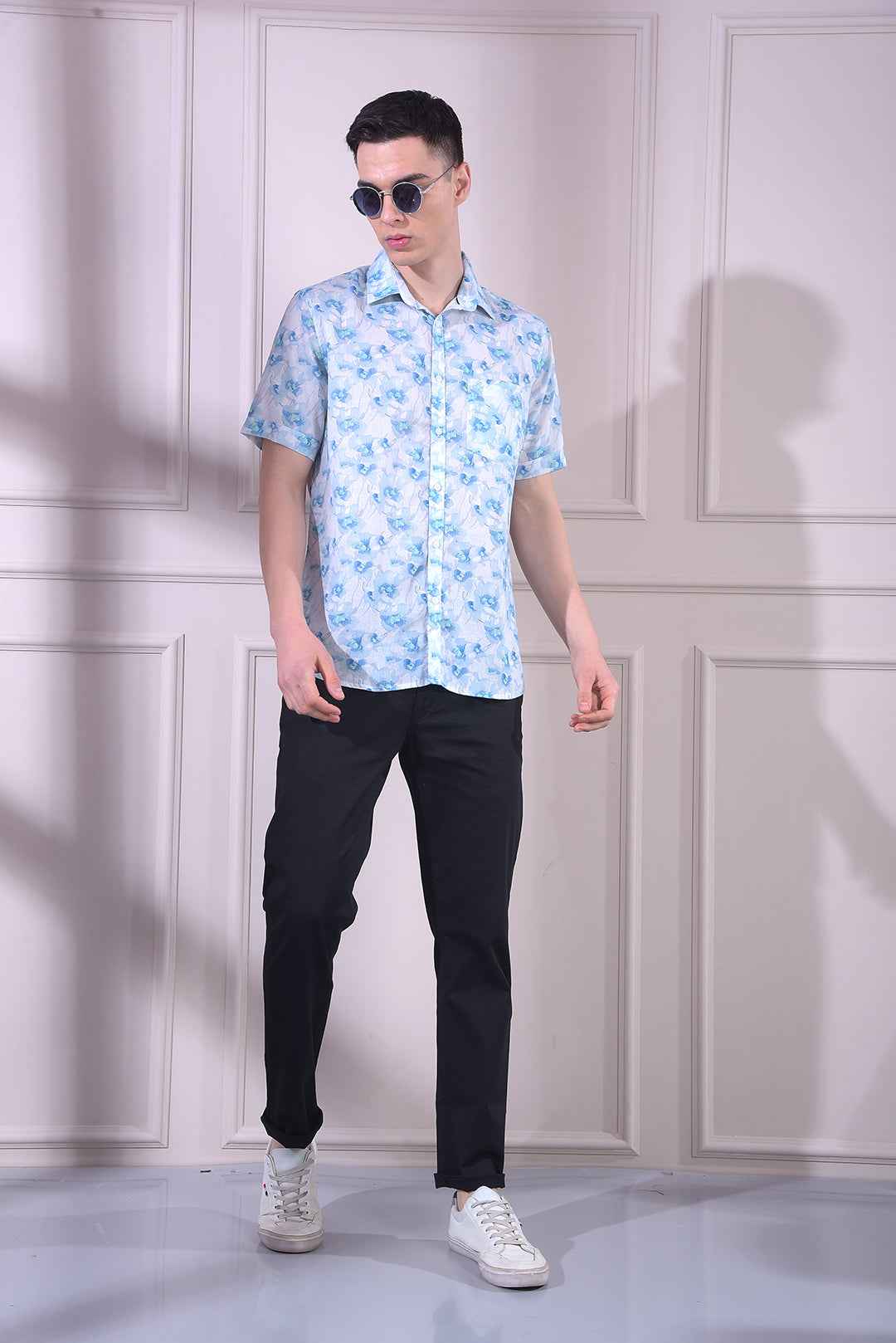 Blue Linen Floral Print Shirt
