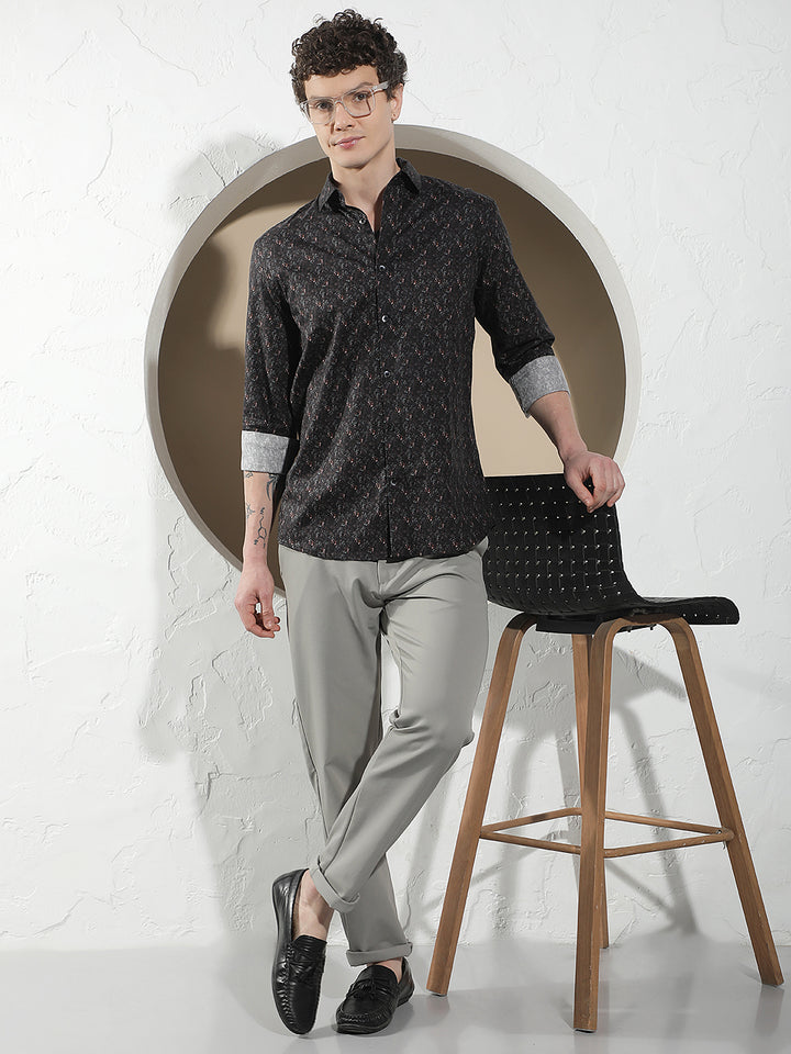 Black Floral Print 100% Cotton Shirt