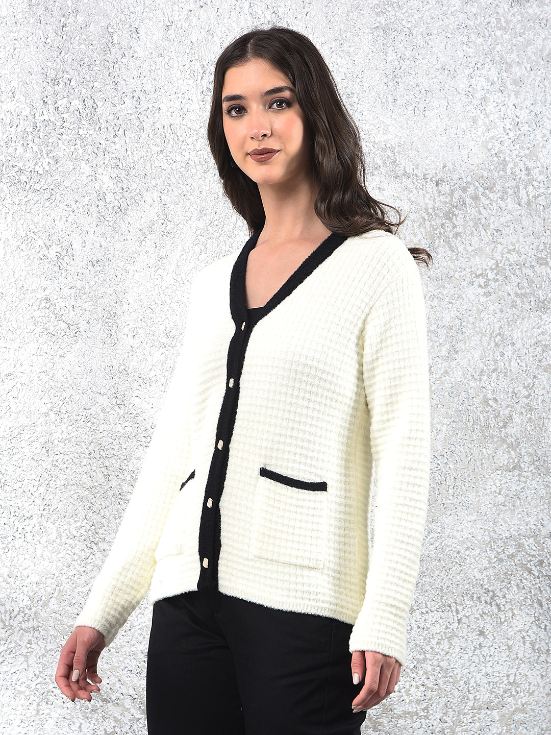 Off White V-Neck Jacquard Sweater