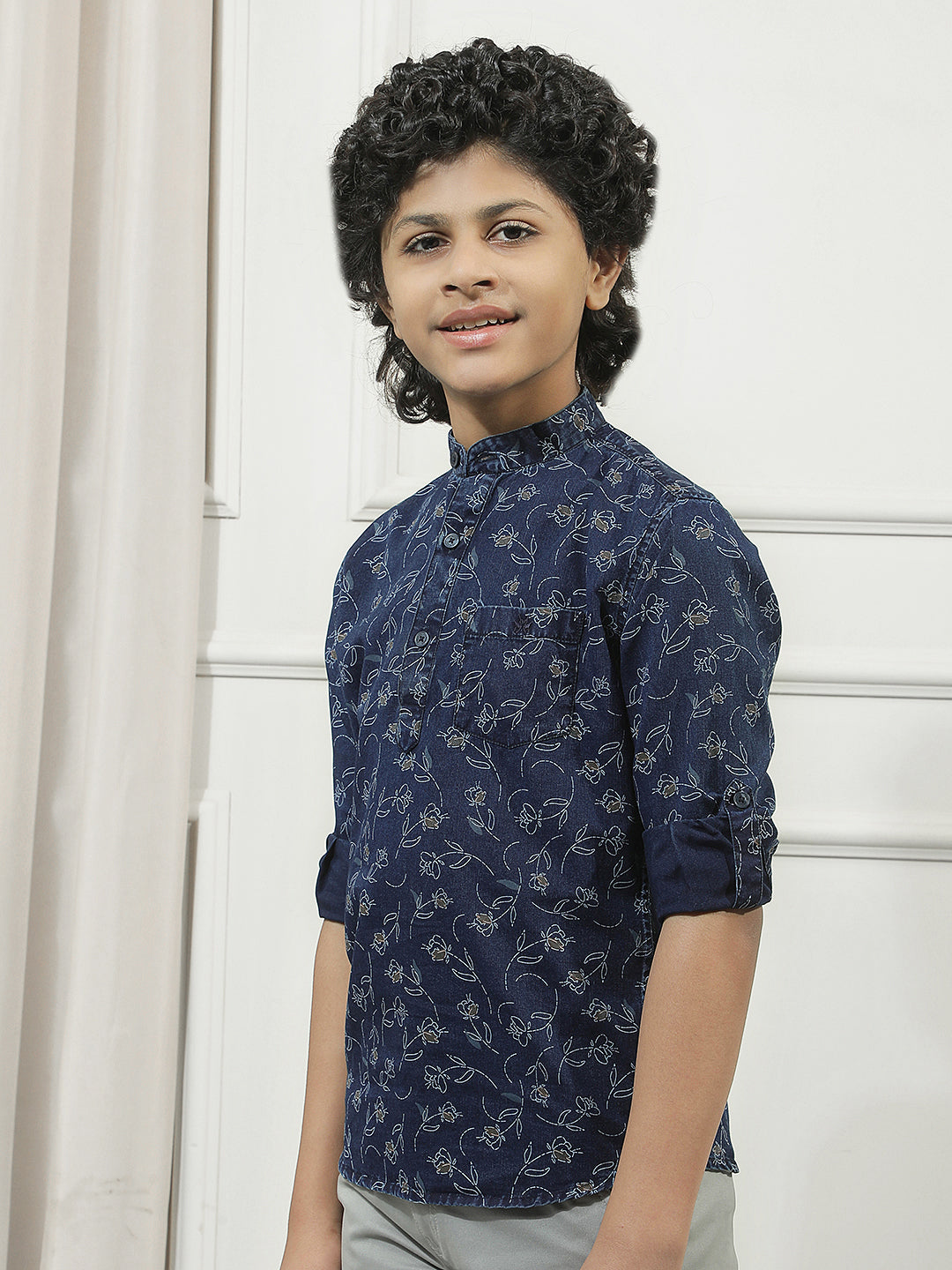 Navy Blue 100% Cotton Graphic Print Mandarin Neck Kurta