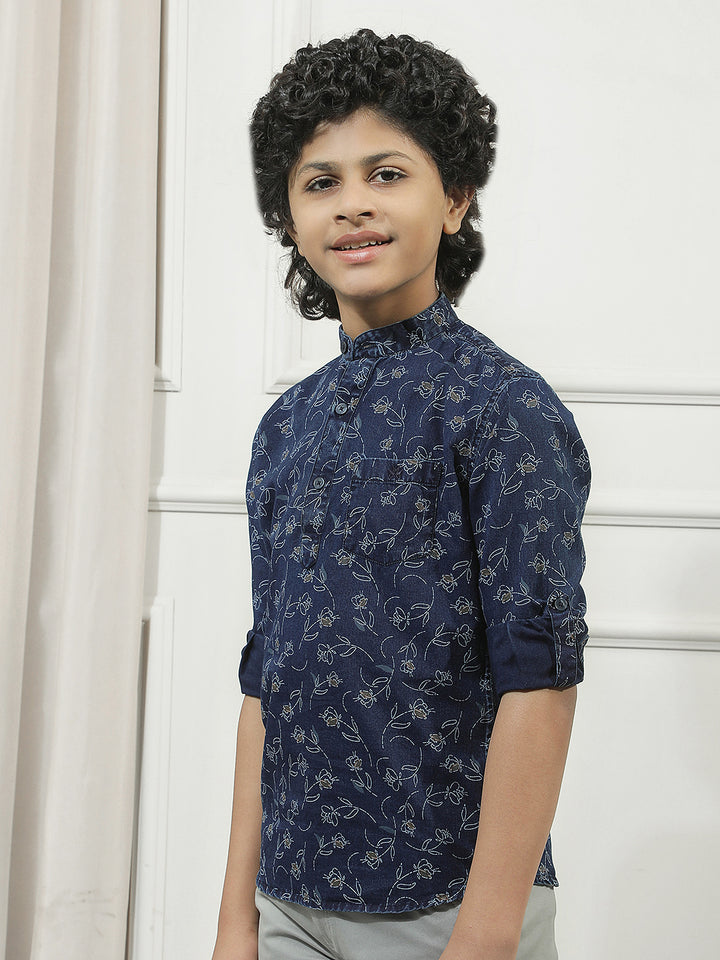 Navy Blue 100% Cotton Graphic Print Mandarin Neck Kurta