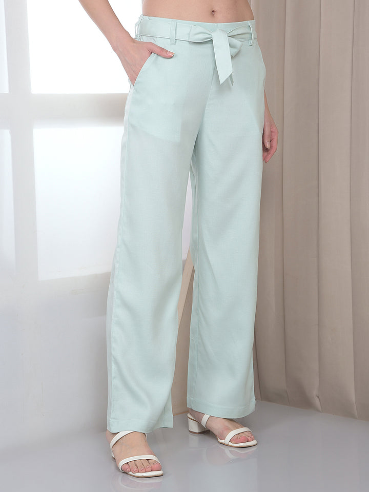 Green Wide Leg Casual Trousers With Belt