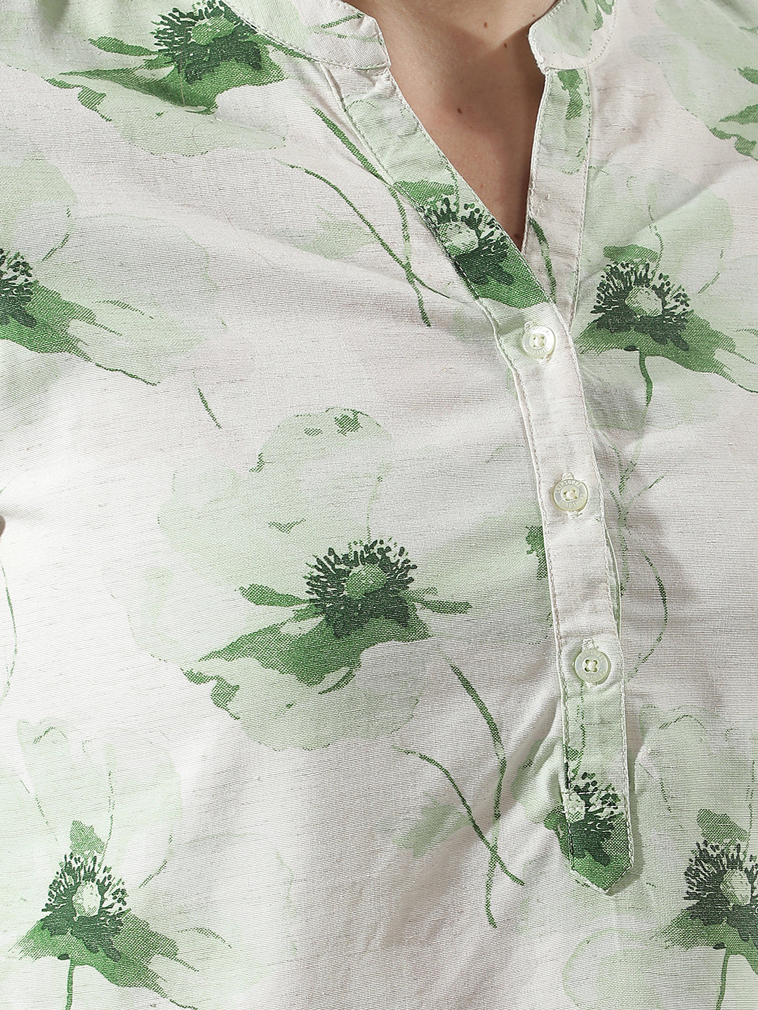 Linen Green Floral Printed V-Neck Top