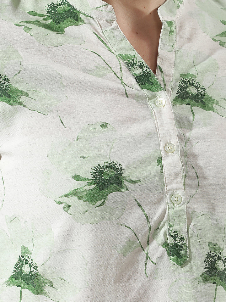 Linen Green Floral Printed V-Neck Top