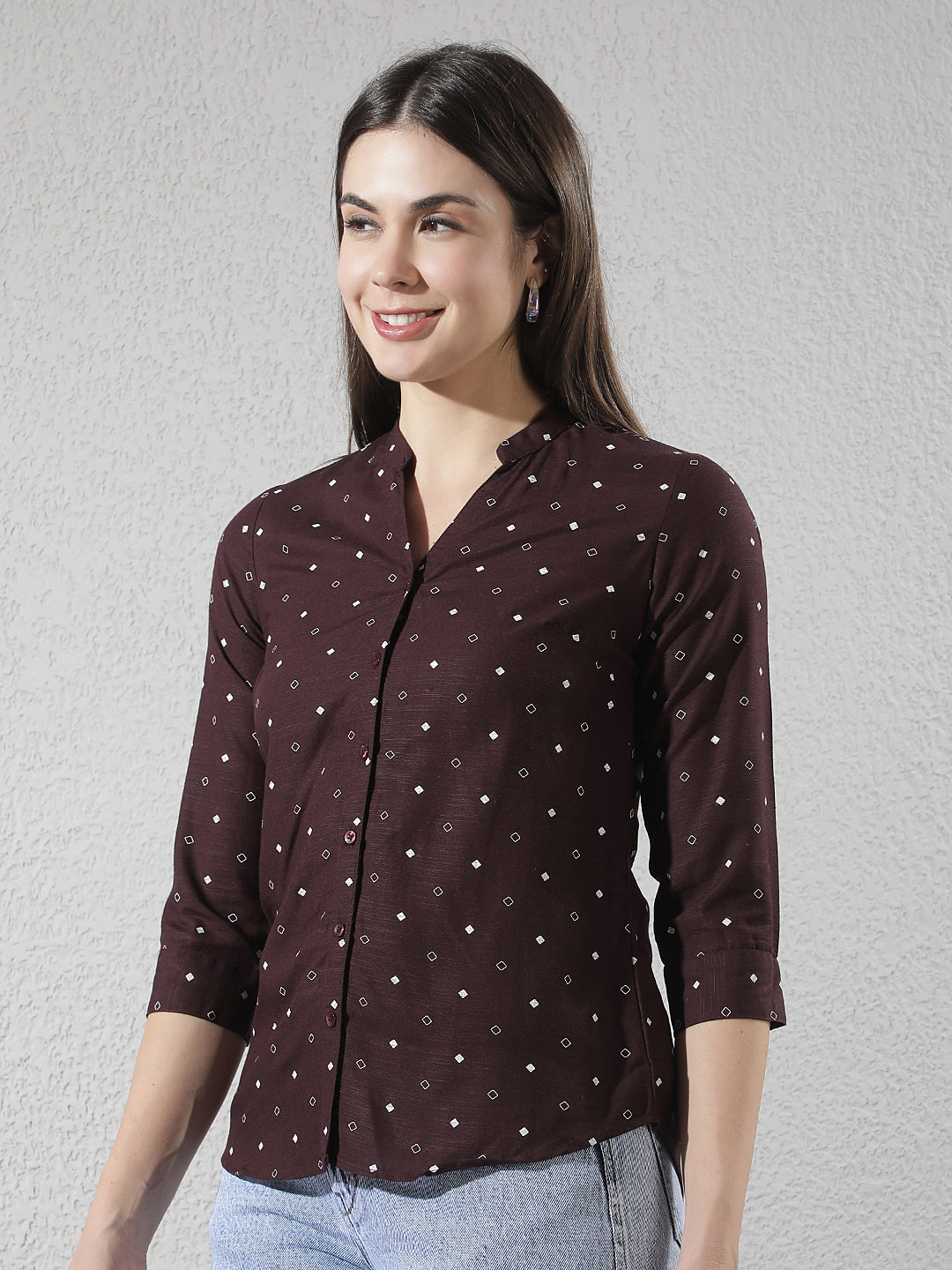 Wine Printed V-Neck Linen Shirt