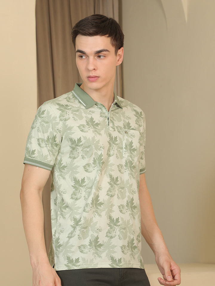 Green Floral Print Polo Neck T-Shirt