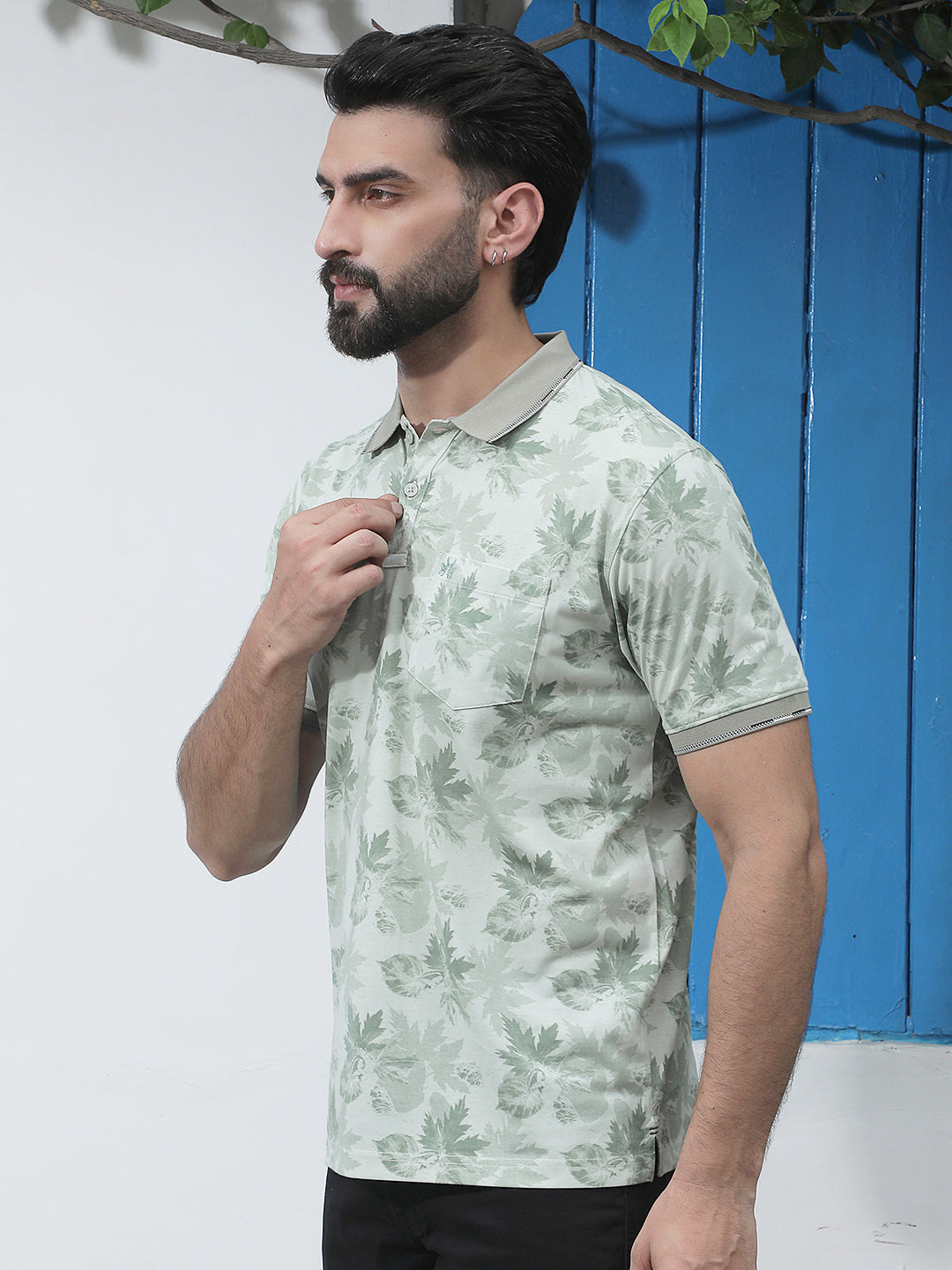 Green Floral Print Polo Neck T-Shirt