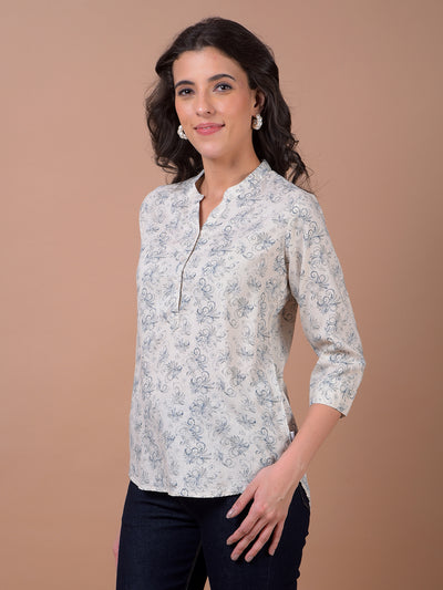 Beige Floral Print V-Neck Linen Top