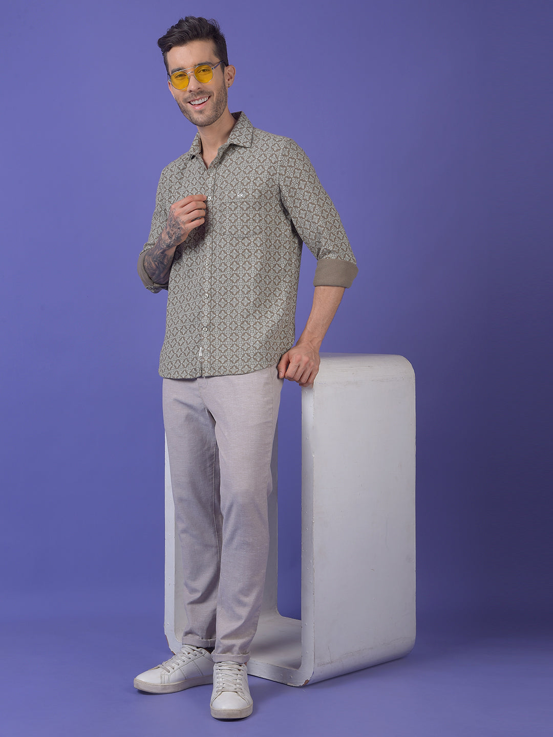 Olive Printed 100% Cotton Shirt