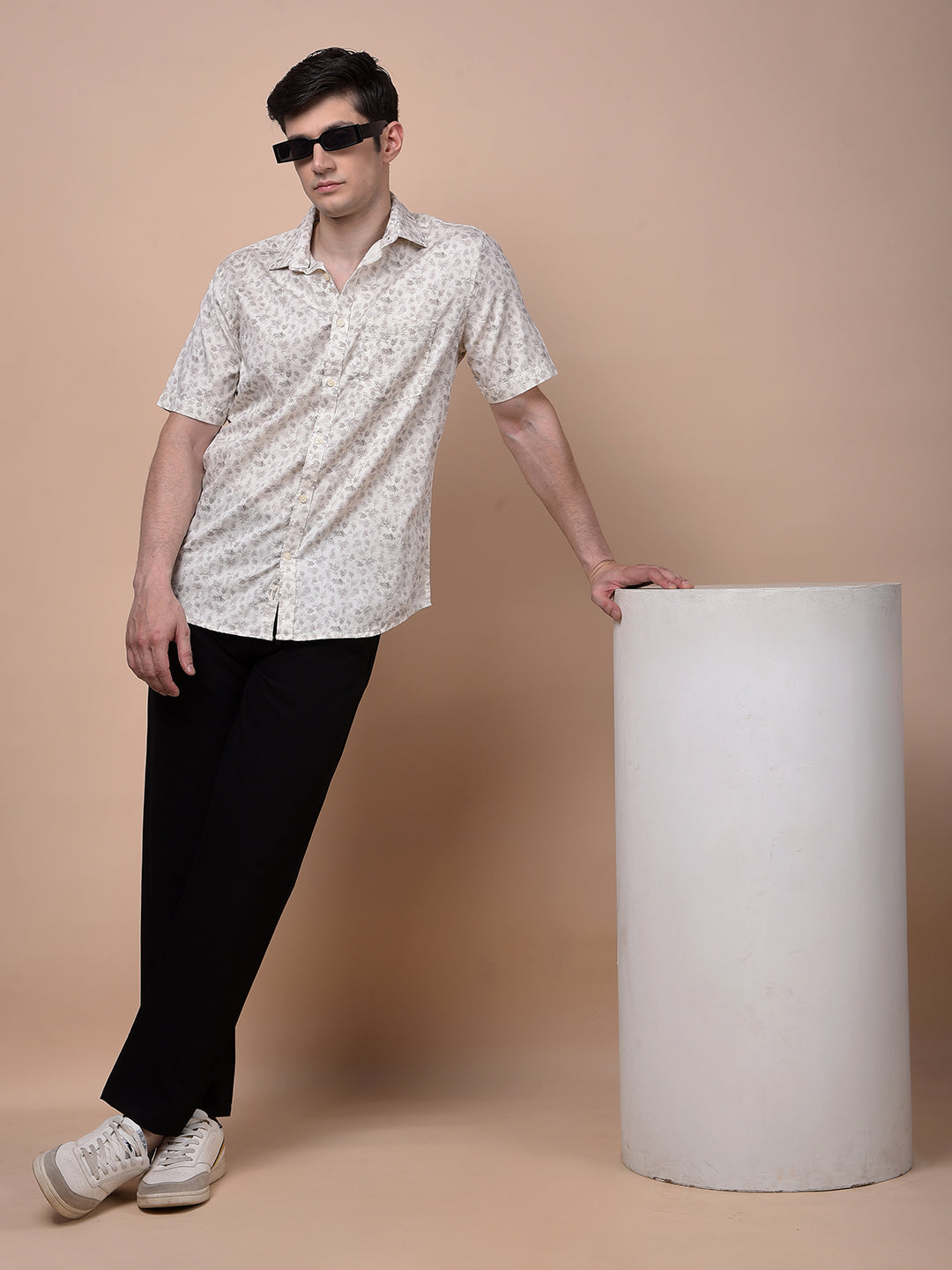 Beige Floral Print 100% Cotton Shirt