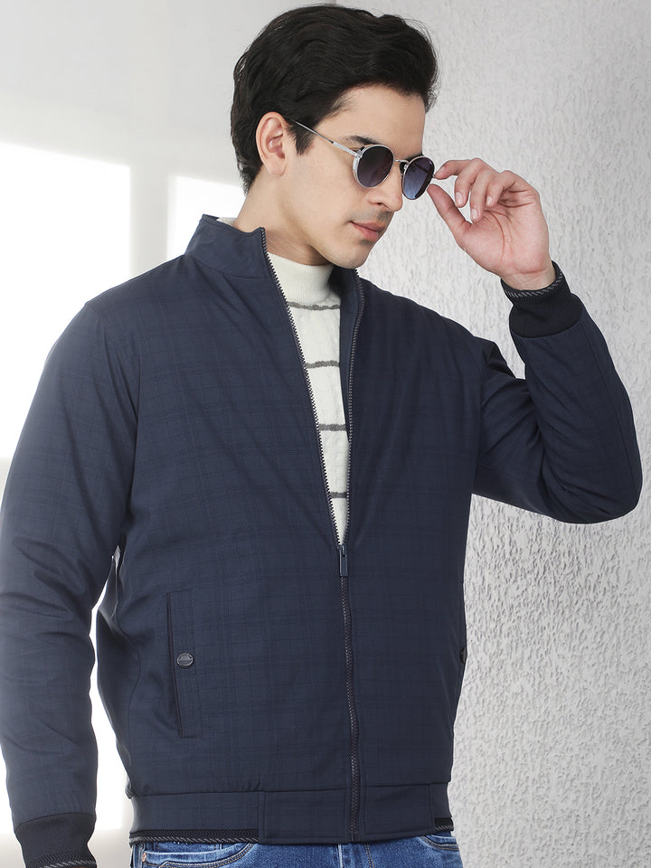 Navy Blue Checked High Neck Puffer Jacket