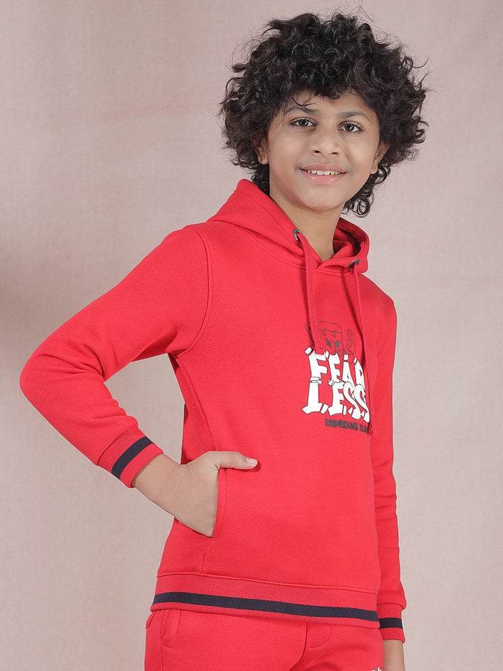 Red Typographic Print Hooded Neck Sweatshirt