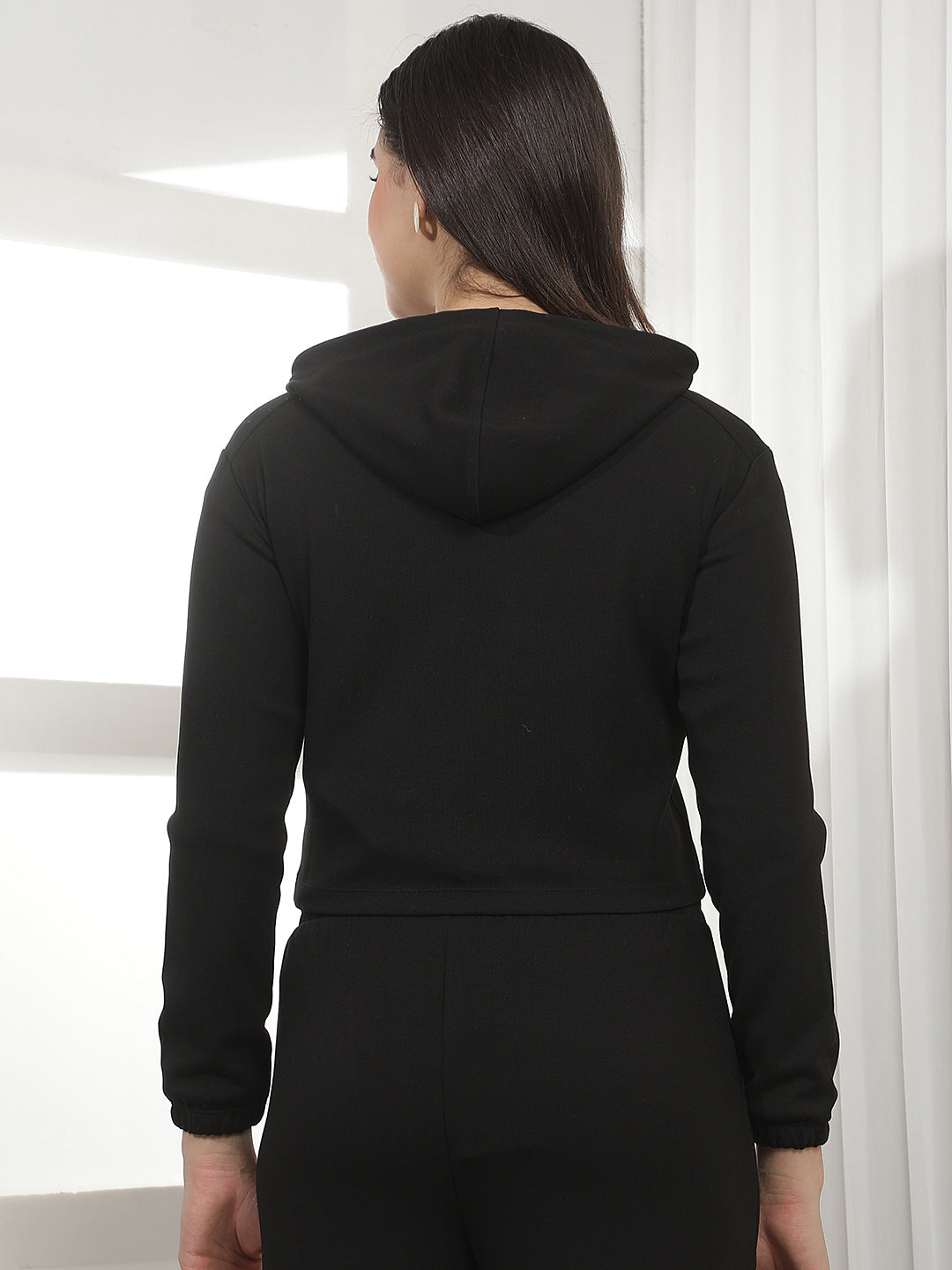 Black Hooded Cropped Front-Open Sweatshirt