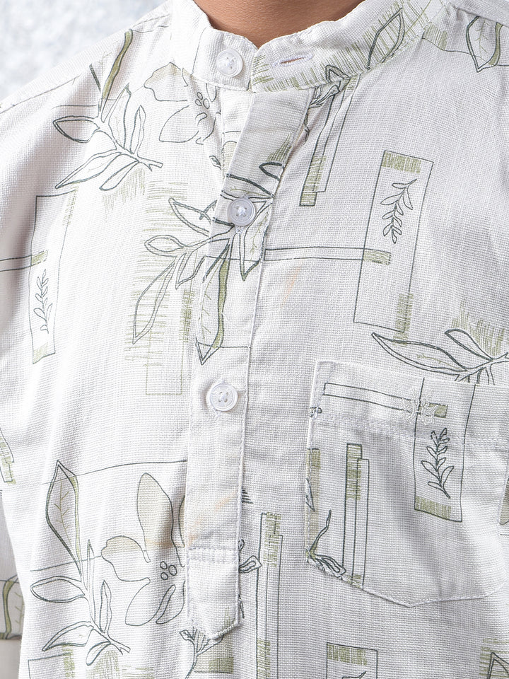 White Floral Print 100% Cotton Kurta