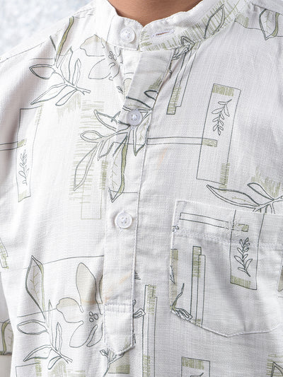 White Floral Print 100% Cotton Kurta