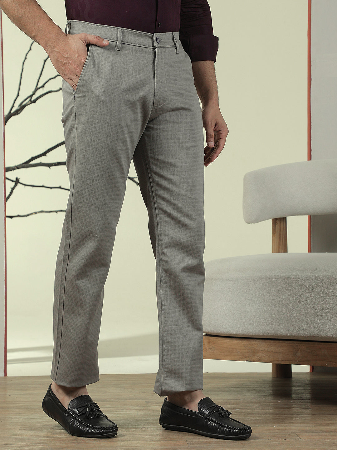 Grey Printed Straight Trousers