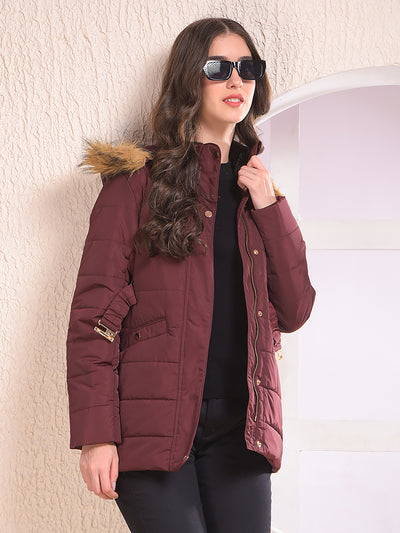 Maroon Hooded Neck Puffer Jacket