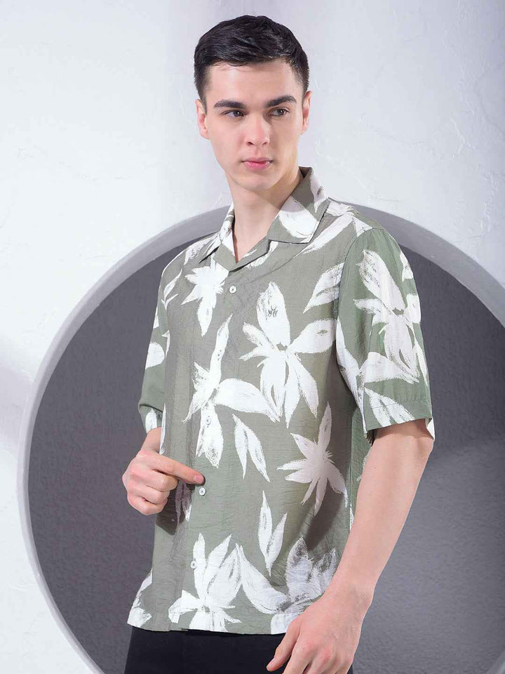 Green Floral Print Resort-Collar Shirt