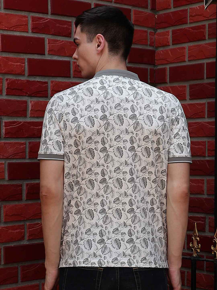 Grey Floral Print Polo Neck T-Shirt
