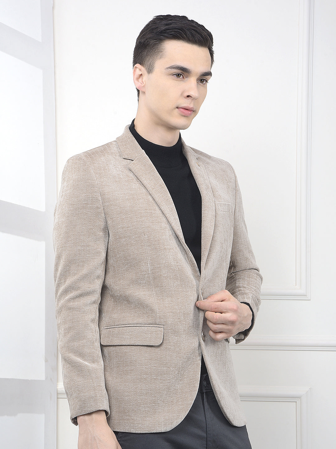 Beige Vertical Striped Notched Lapel Single Breasted Blazer